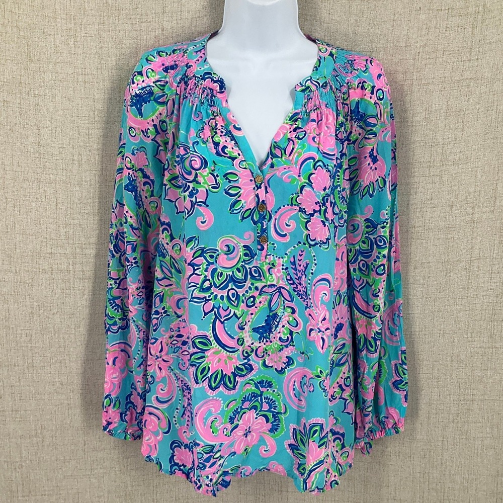 Lilly Pulitzer Elsa‎ Blouse Womens M Blue 100% Silk Floral Smocked Boho Lux Top